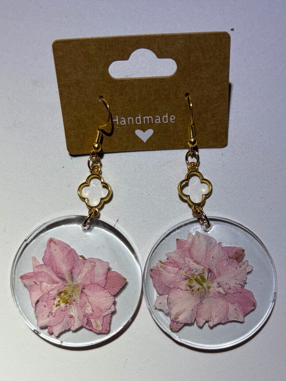 Handmade Pink Flower Resin Drop Earrings - Gold Accents